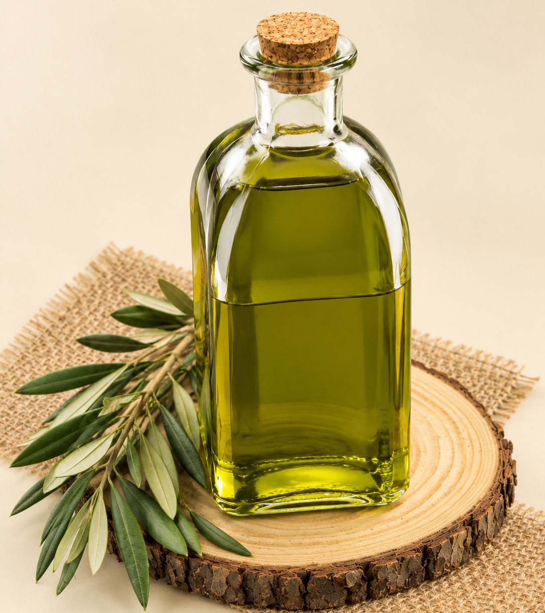 Botella de aceite de oliva virgen extra junto a una rama de olivo