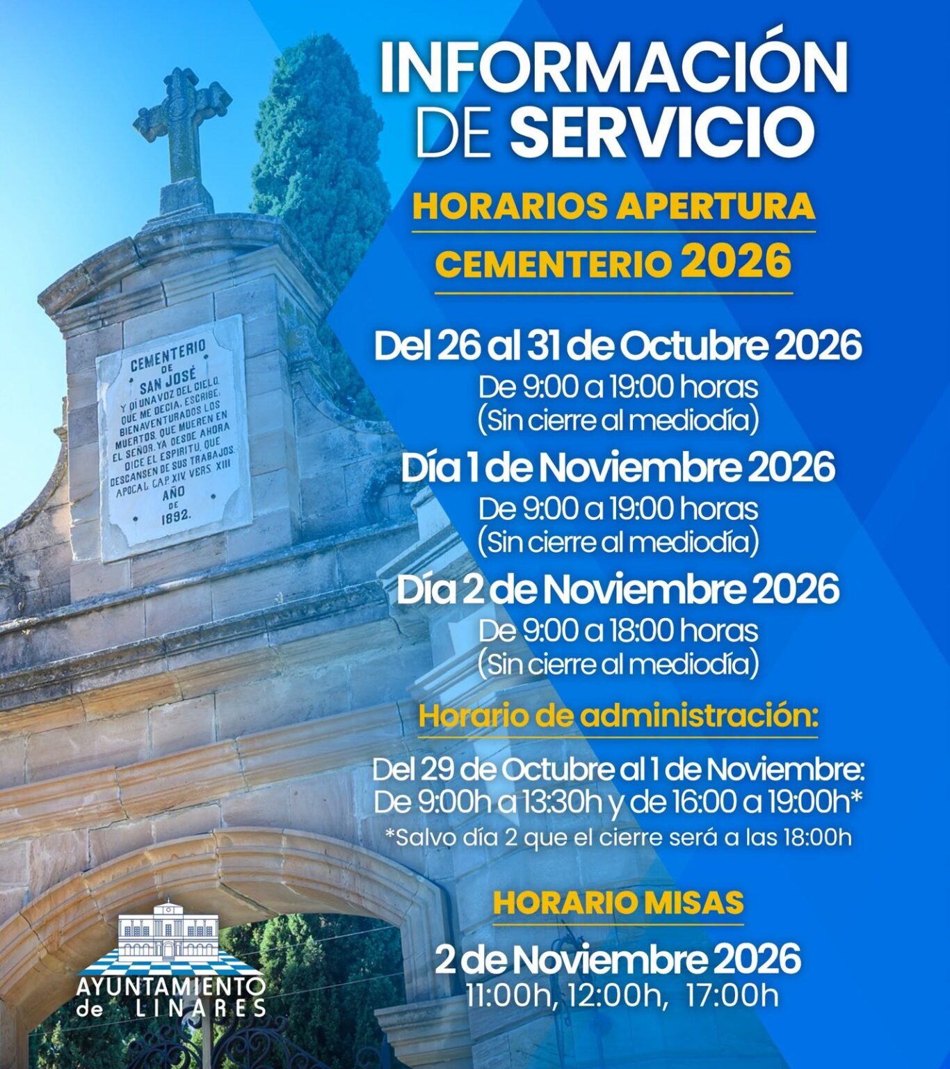 Cartel del Ayuntamiento de Linares con los horarios del Cementerio de San José en Todos los Santos 2026