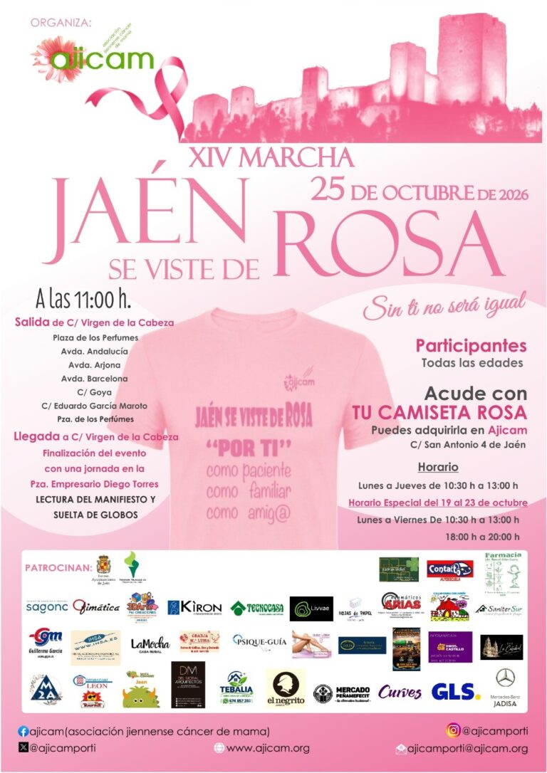 Cartel de la XIV Marcha Jaén se viste de rosa de Ajicam, 25 de octubre de 2026