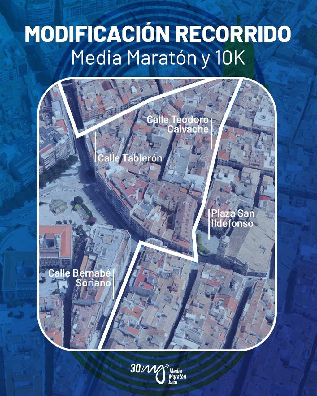 Plano del cambio de recorrido de la Media Maratón de Jaén por San Ildefonso