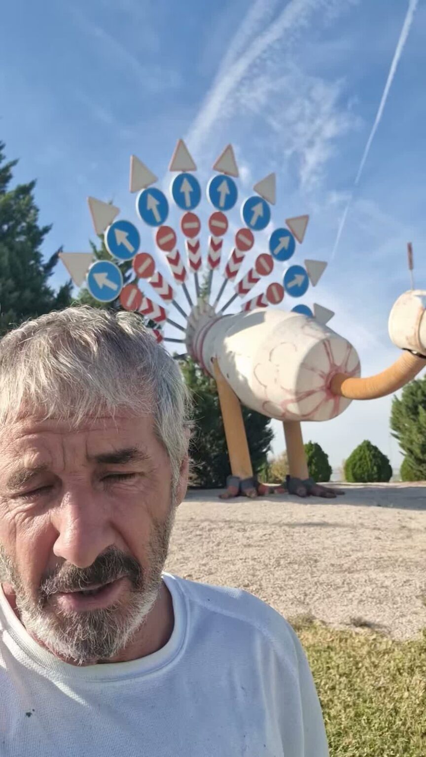 José Ríos delante de su escultura del pavo en la rotonda junto a la Universidad de Jaén